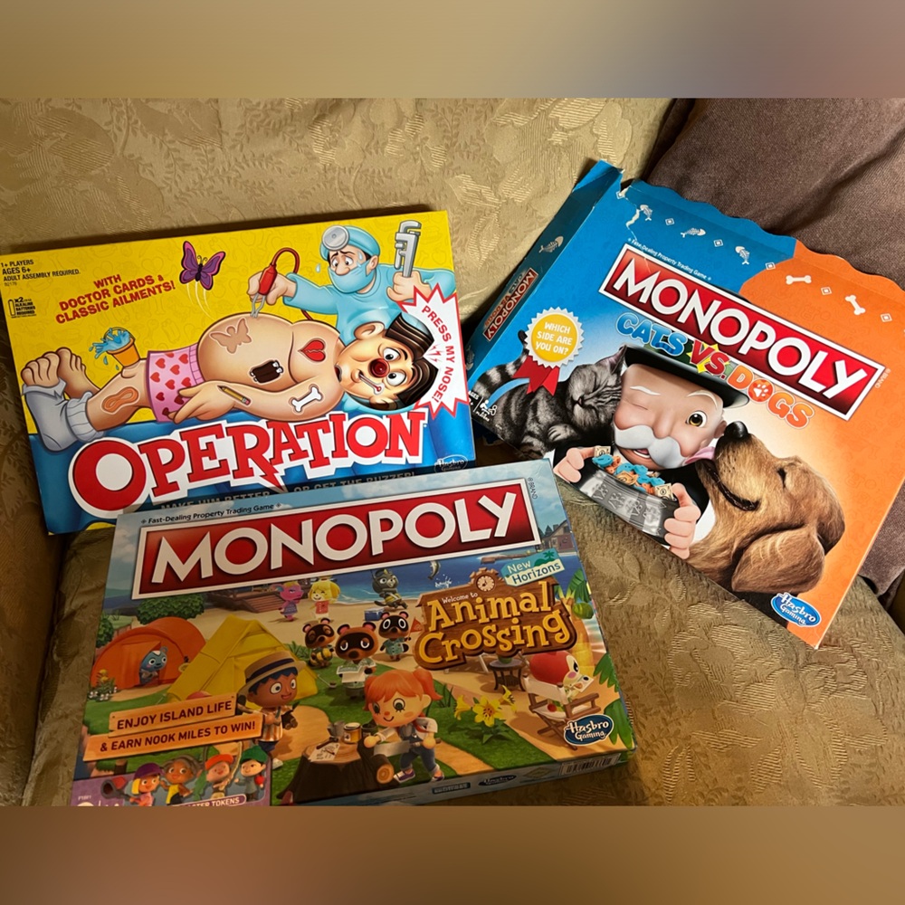 Board Games Monopoly and Operation-animal crossing/cat vs Dogs